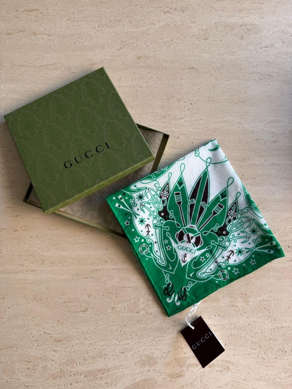 NWT GUCCI GG Logo Sailor Green/White Cotton Square Scarf/ Bandana Unisex